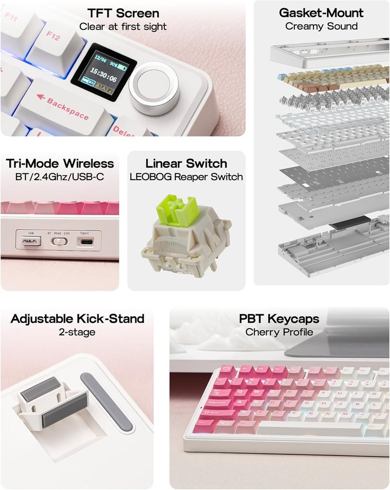 EPOMAKER X Aula F75 MAX Wireless Mechanical Keyboard with TFT Screen and Knob, Gasket Keyboard in 75% Layout, Hot Swappable Gaming Keyboard for PC/Mac/Linux (White Pink) - Image 2